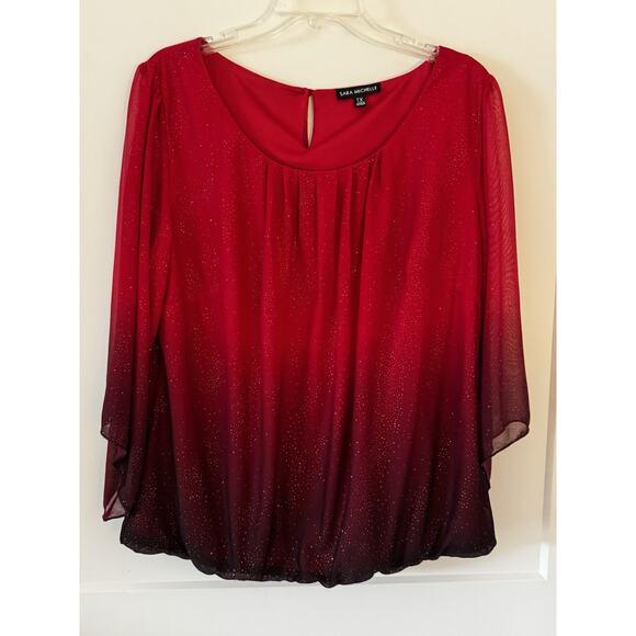 Sara Michelle Top Womens Sz 1X Christmas Sparkle Ombre Ruched 3/4 Sleeve Blouse - Picture 1 of 10